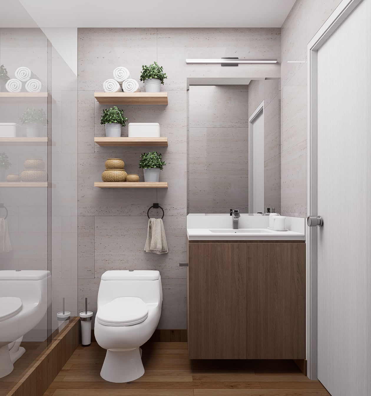 Baño moderno con vanitory flotante de madera oscura, repisas de madera y revestimiento de piedra gris