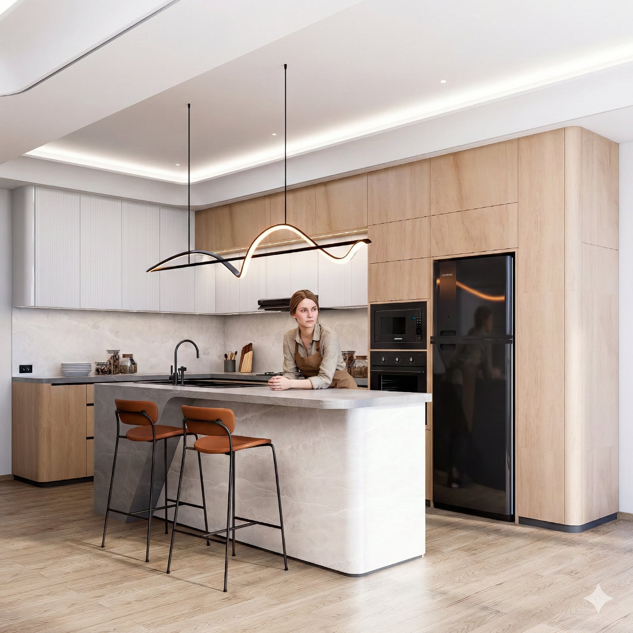 Cocina contemporánea con isla de mármol, gabinetes de madera clara y lámpara colgante escultural LED