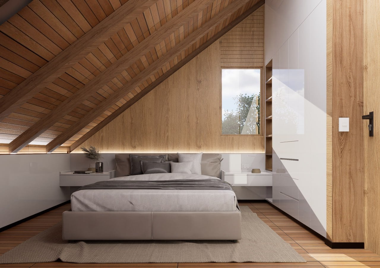 Dormitorio en ático con vigas de madera expuestas, paneles de madera y muebles minimalistas blancos