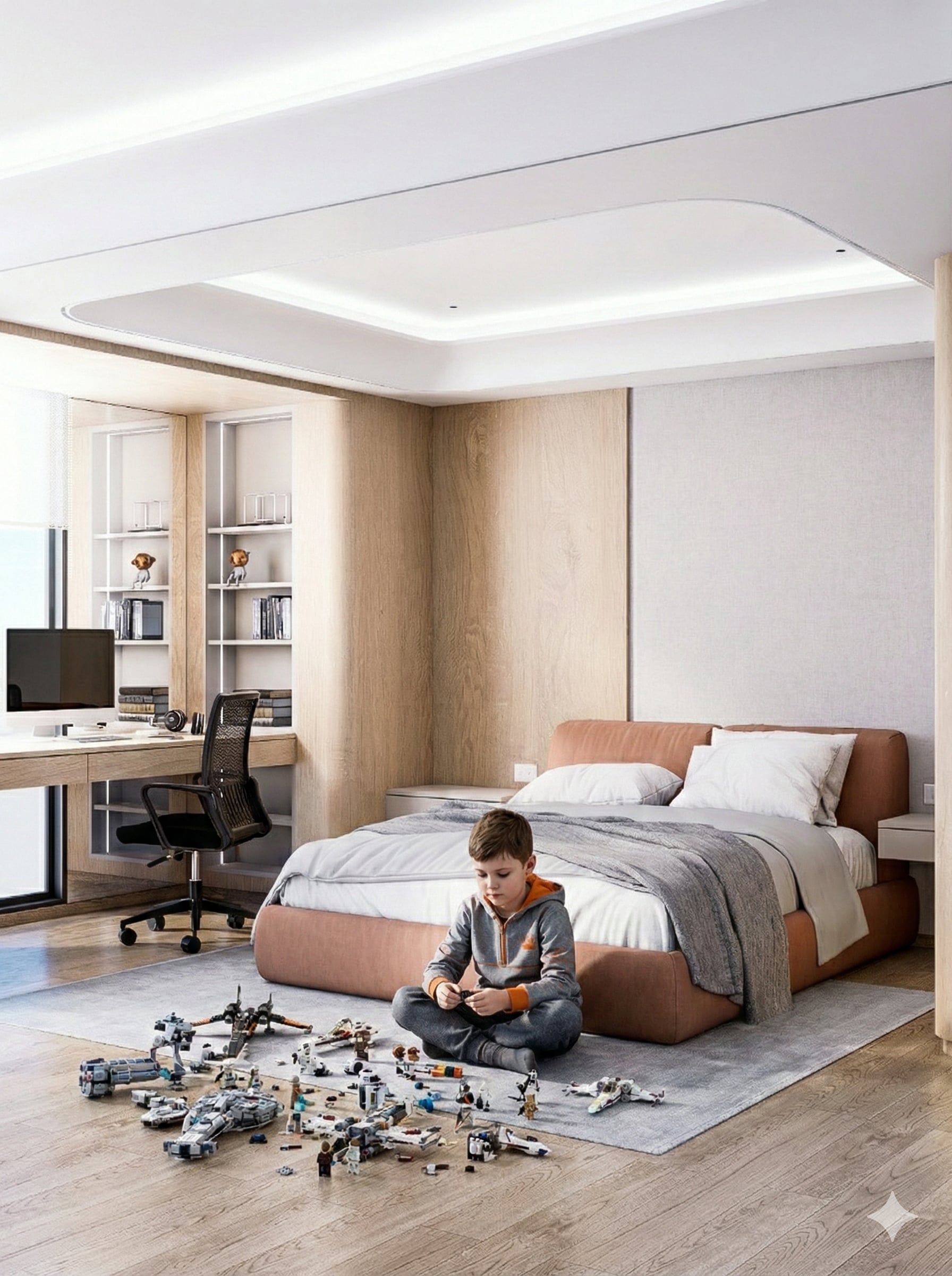 Dormitorio juvenil con cama tapizada terracota, escritorio de madera integrado e iluminación empotrada