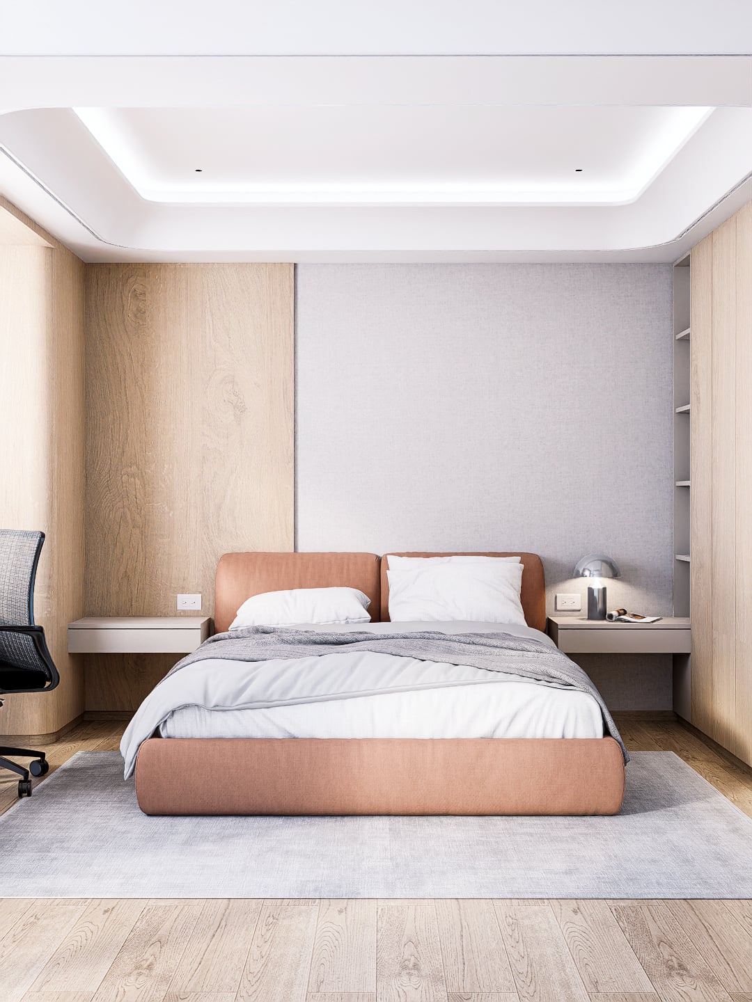 Dormitorio principal con cama terracota, paneles de madera clara y mesitas de noche flotantes