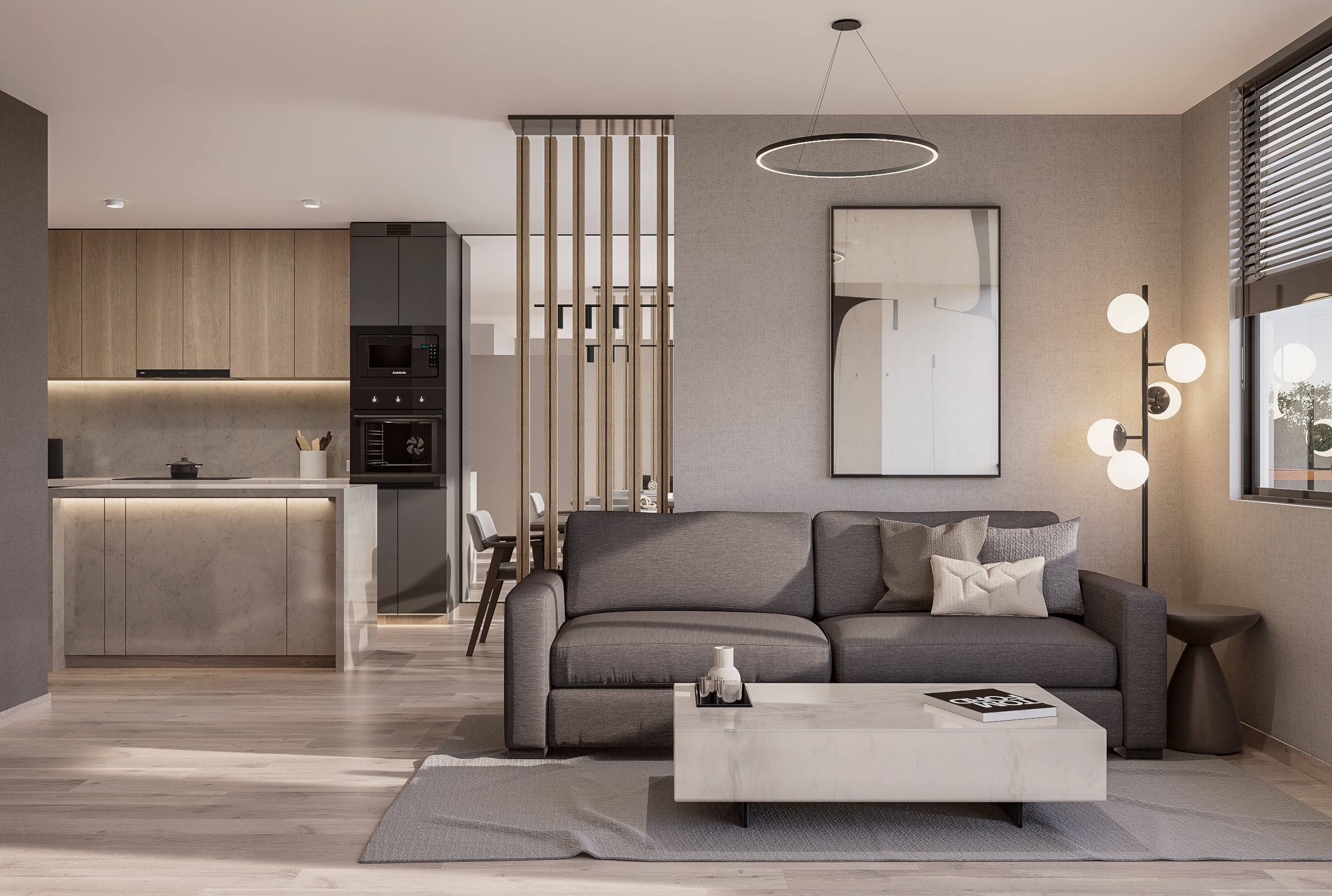Sala de estar moderna con sofá gris, mesa de mármol, cocina integrada y divisor de listones de madera
